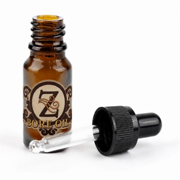 Zefiros bore oil in an amber dropper bottle